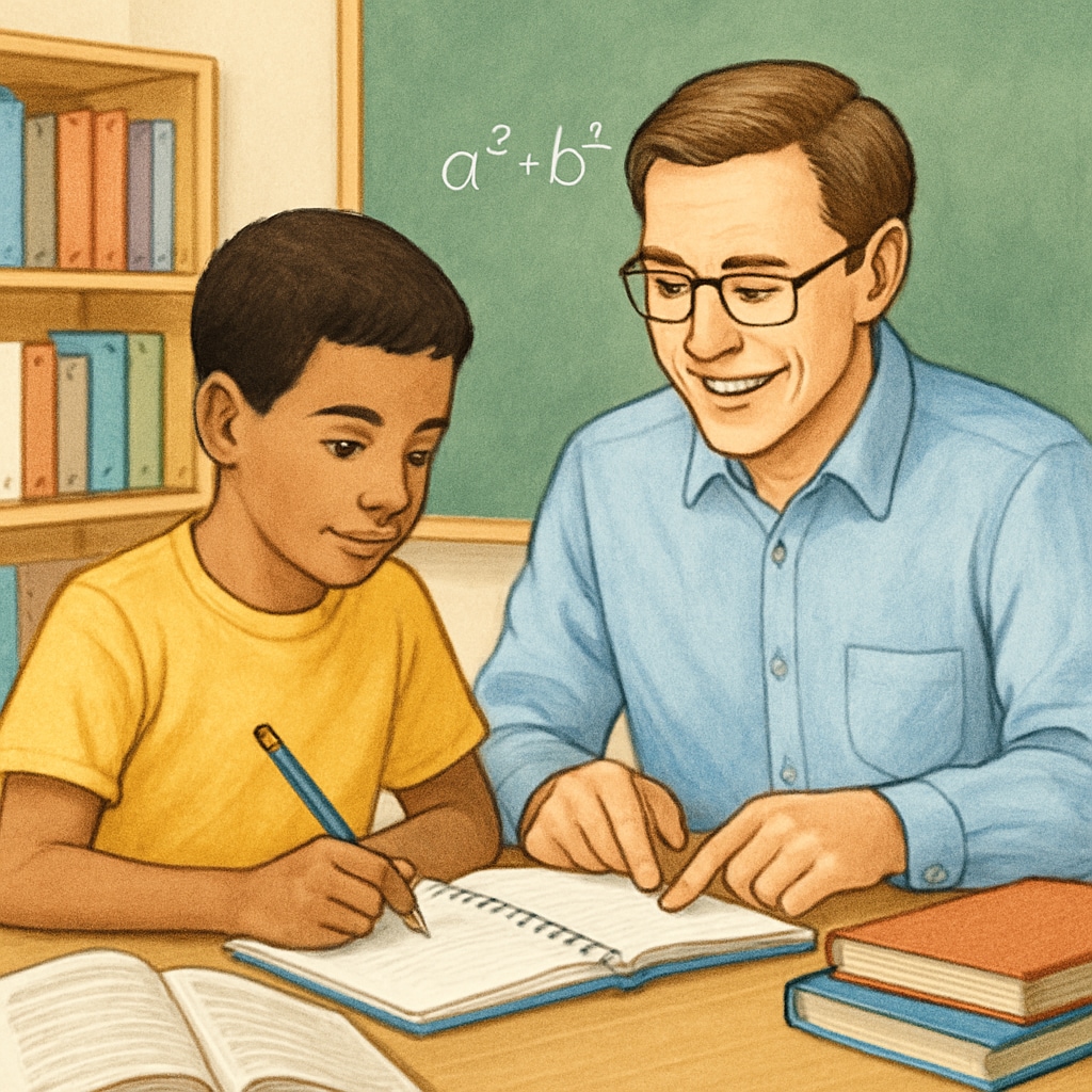 A young student reviewing study materials with a mentor in a supportive school environment. Student with mentor discussing academic plans in a UK school setting.