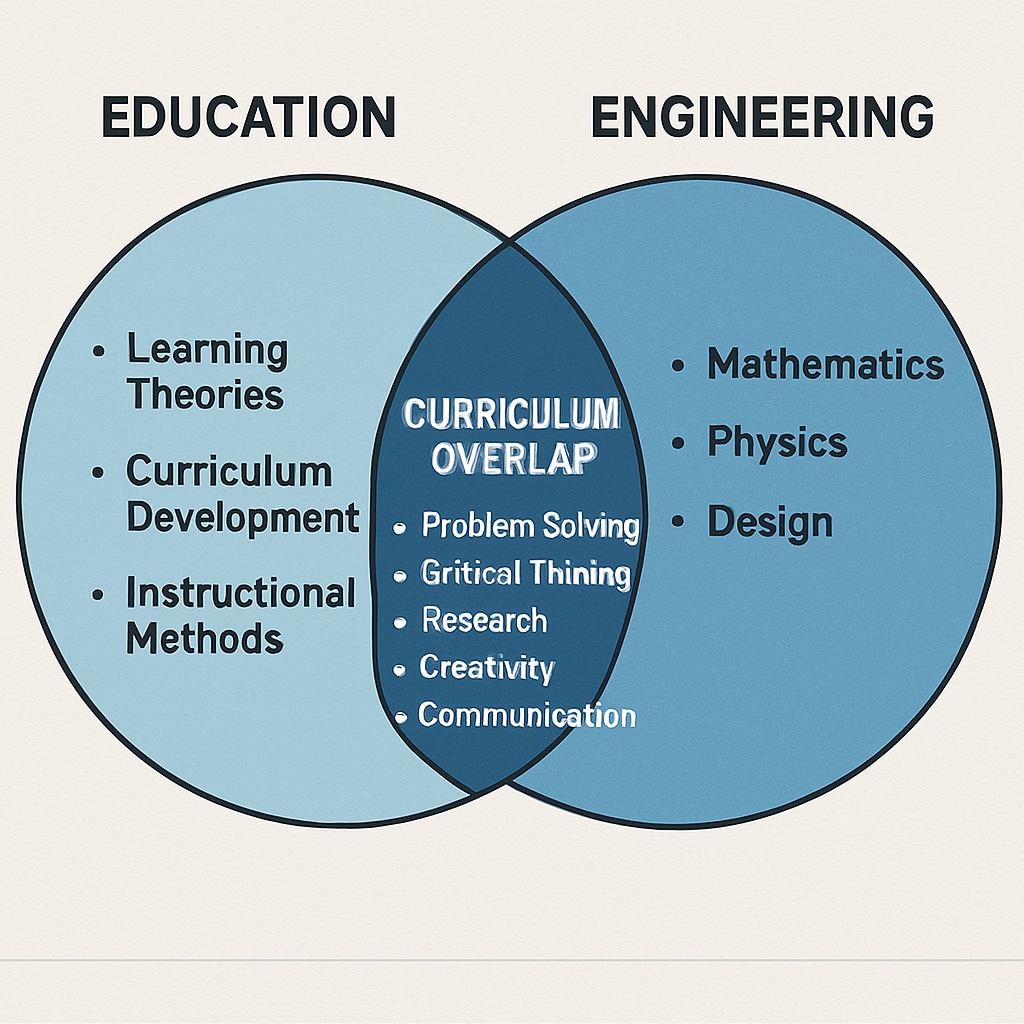 An infographic showing curriculum overlap between education and engineering, highlighting shared skills and knowledge. Infographic of education and engineering curriculum overlap.