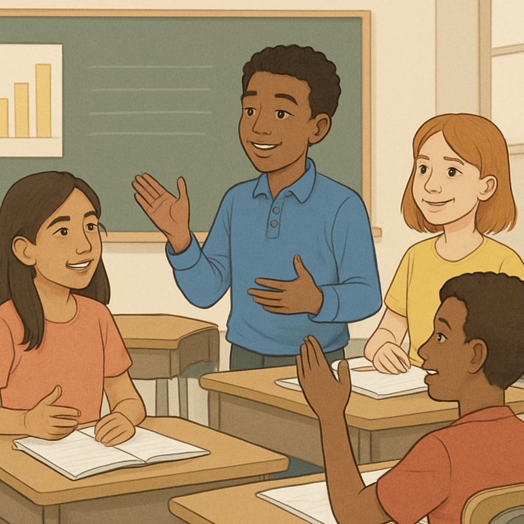 A classroom with students engaging in open discussion, representing diverse perspectives in education. Students discussing diverse viewpoints, promoting critical thinking in education.