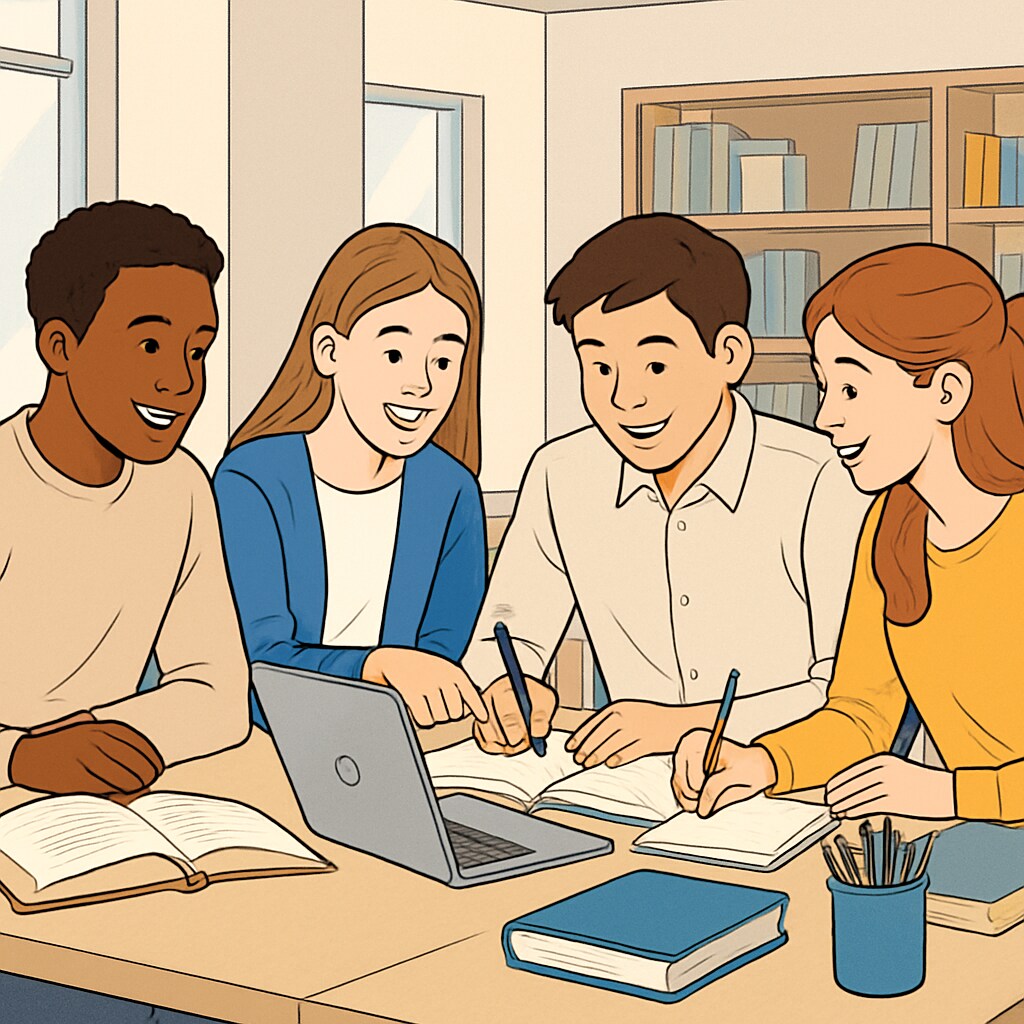 A group of students collaborating on a project in a modern classroom setting. Students working together in a collaborative classroom environment in the UK.