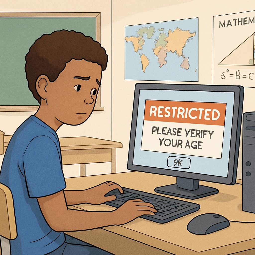 A K12 student attempting to access a restricted educational website on a school computer, illustrating the challenges of age verification laws in educational environments. K12 student struggling with internet restrictions due to age verification laws.