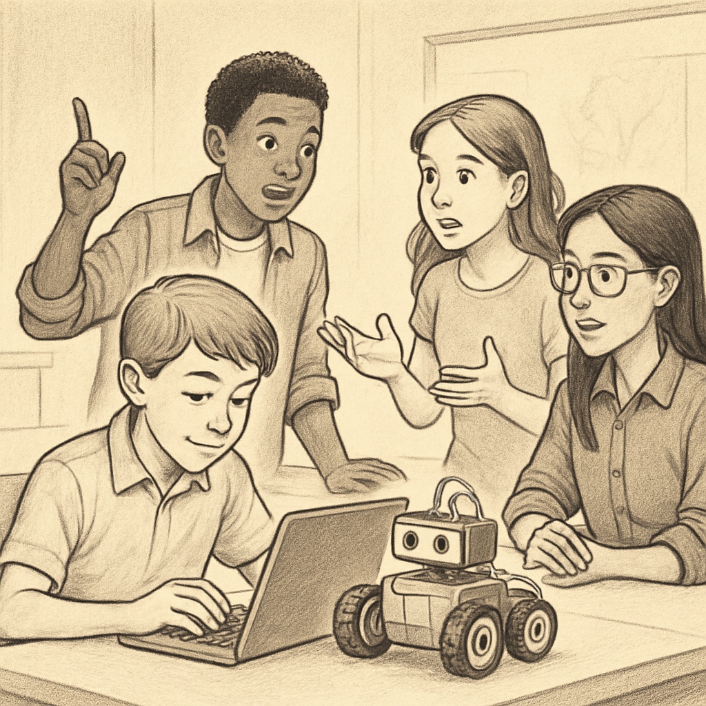 A young student programming a robot while brainstorming ideas with peers in an educational setting. Student working on robotics project in an educational environment