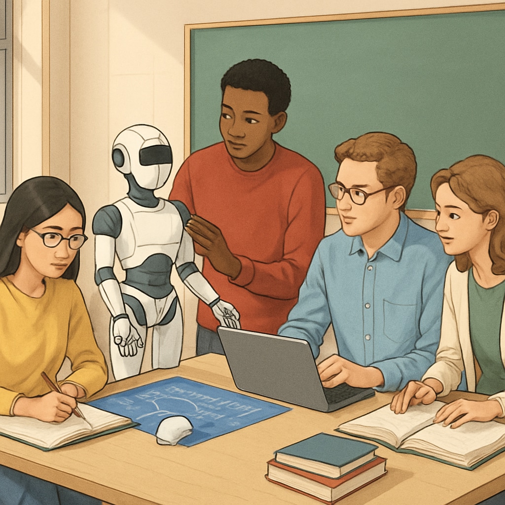 A university campus with students collaborating on a robotics project in a modern classroom. University students designing robots in a collaborative classroom