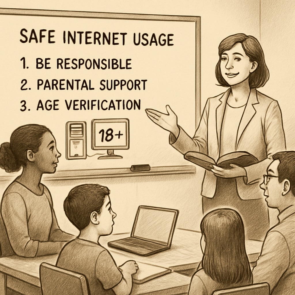 A teacher conducting a workshop for parents and students on safe and effective internet usage under age verification guidelines. Workshop on navigating age verification laws in education.