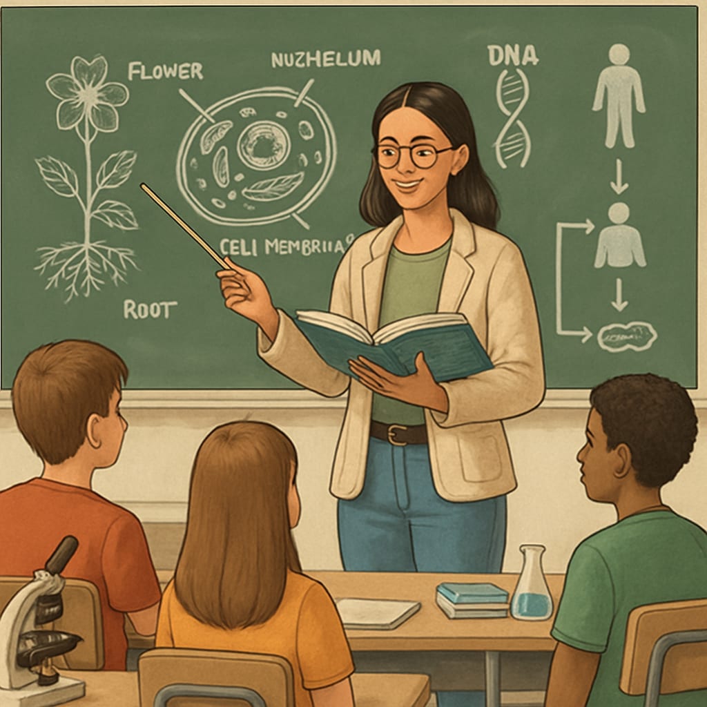A biology graduate teaching a high school science class, symbolizing the transition from lab work to education. Biology graduate teaching STEM concepts in a classroom, representing career transition to education.