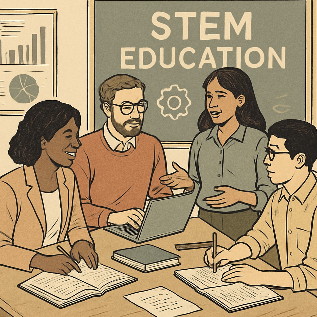 A group of graduate students discussing STEM education strategies, illustrating collaboration in education master's programs. Graduate students in an education master's program collaborating on STEM teaching strategies.