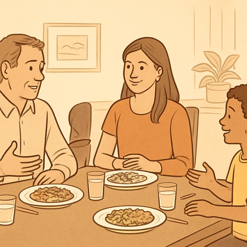 A supportive family having a discussion around the dinner table, highlighting good family communication practices. Family discussing around a dinner table, representing positive family dynamics.