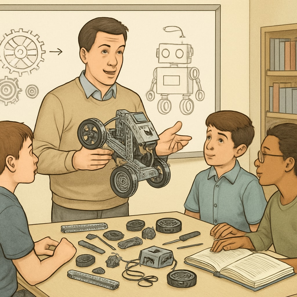 An educator demonstrating a robotics lesson to students, symbolizing the fusion of teaching and engineering skills. A teacher using robotics in a classroom, representing education and engineering dual degrees.
