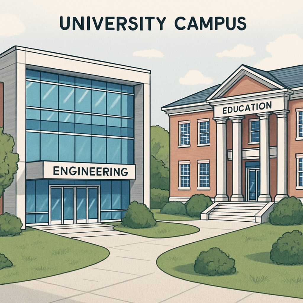 A university campus showcasing a modern engineering facility adjacent to an education building, symbolizing dual study opportunities. A university campus highlighting education and engineering facilities for dual-degree programs.