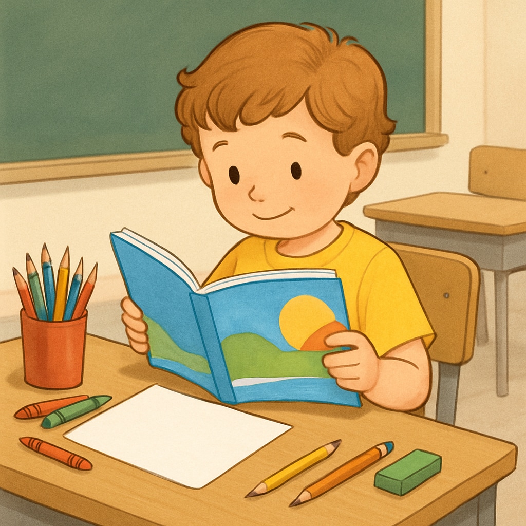 A young child immersed in reading a colorful book in a classroom setting, symbolizing the joy of free exploration with creative tools. A child reading a book in a classroom setting to signify alternatives to A.R. systems.