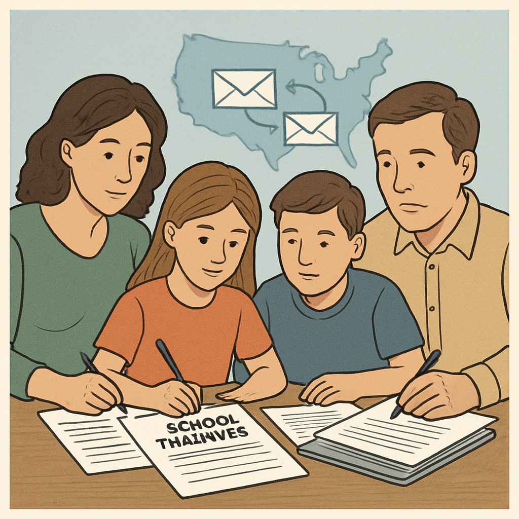 A family navigating school transfer paperwork, symbolizing the challenges of inter-district communication. A family reviewing school transfer documents, illustrating barriers to school choice.