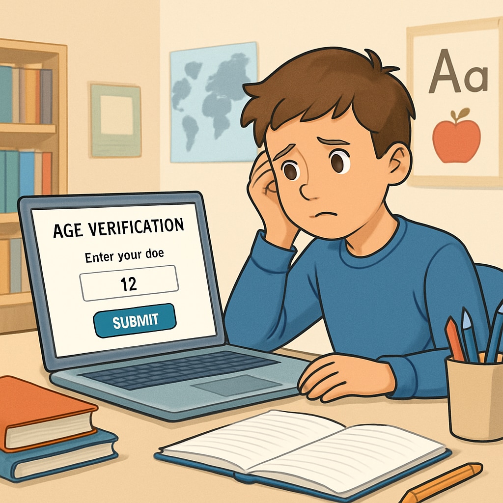A student searching for educational materials online but encountering an age verification prompt. This represents the challenges faced by K12 students trying to access content restricted by age verification laws. Student facing barriers while accessing online educational materials due to age verification laws.