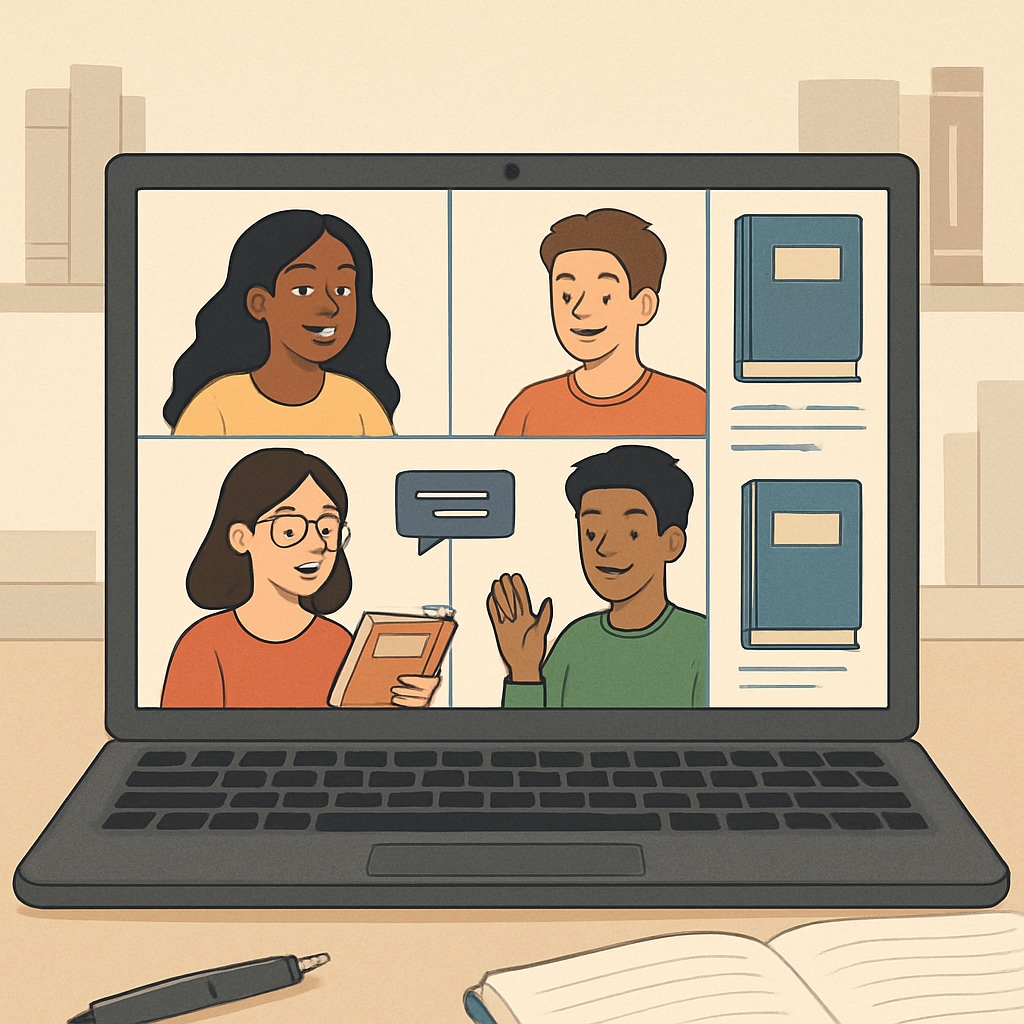 Students engaging in a virtual discussion about books on a laptop screen, representing the concept of virtual book clubs as a creative alternative. Students discussing books via a virtual platform, showcasing online reading innovations.