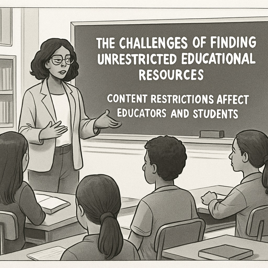 A teacher in a classroom explaining the challenges of finding unrestricted educational resources. This highlights the direct impact of content restrictions on educators and students. Teacher discussing educational resource challenges caused by age verification laws.