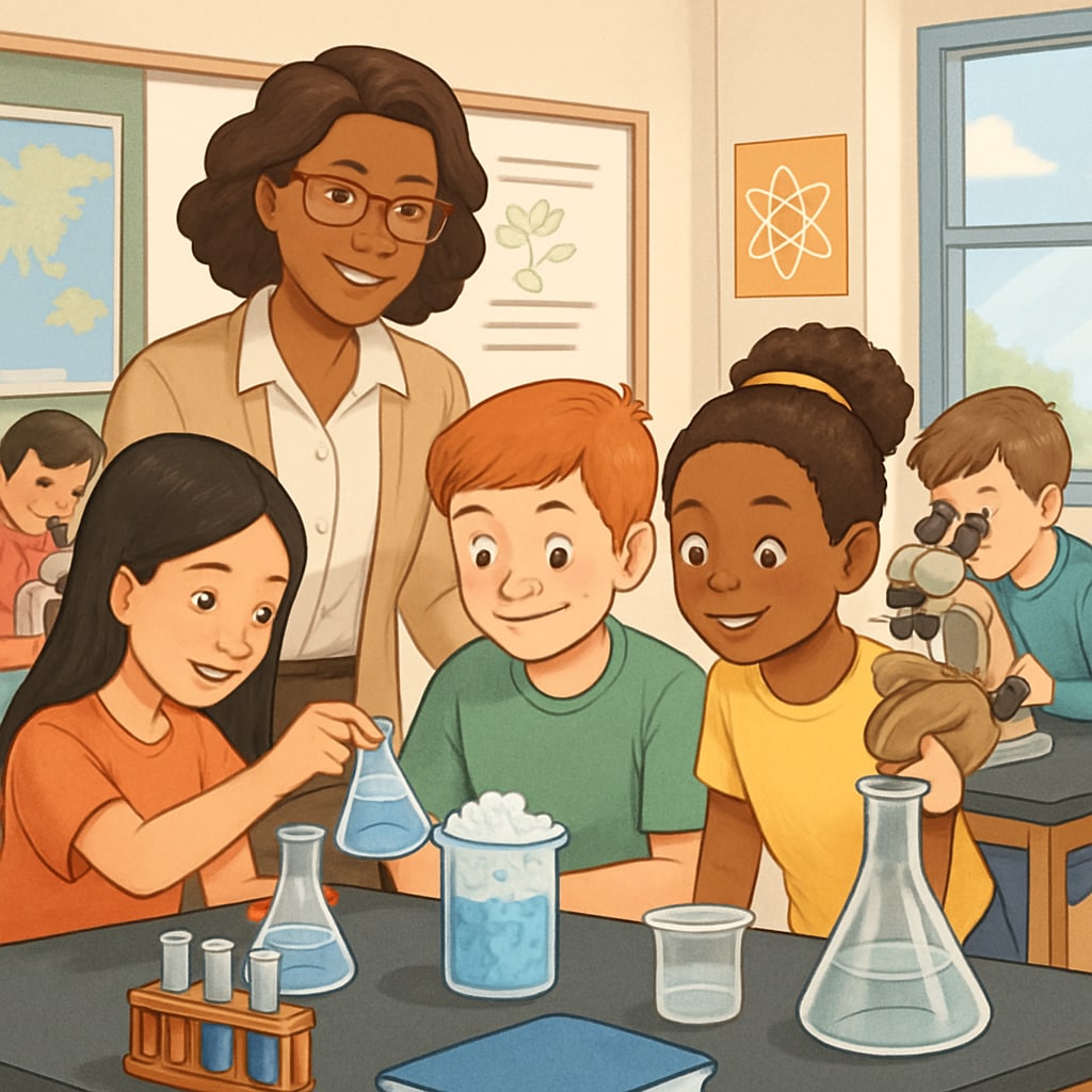 A classroom filled with engaged students participating in a hands-on science experiment, symbolizing the diverse opportunities public schools can offer. Public school classroom with students engaged in science experiments