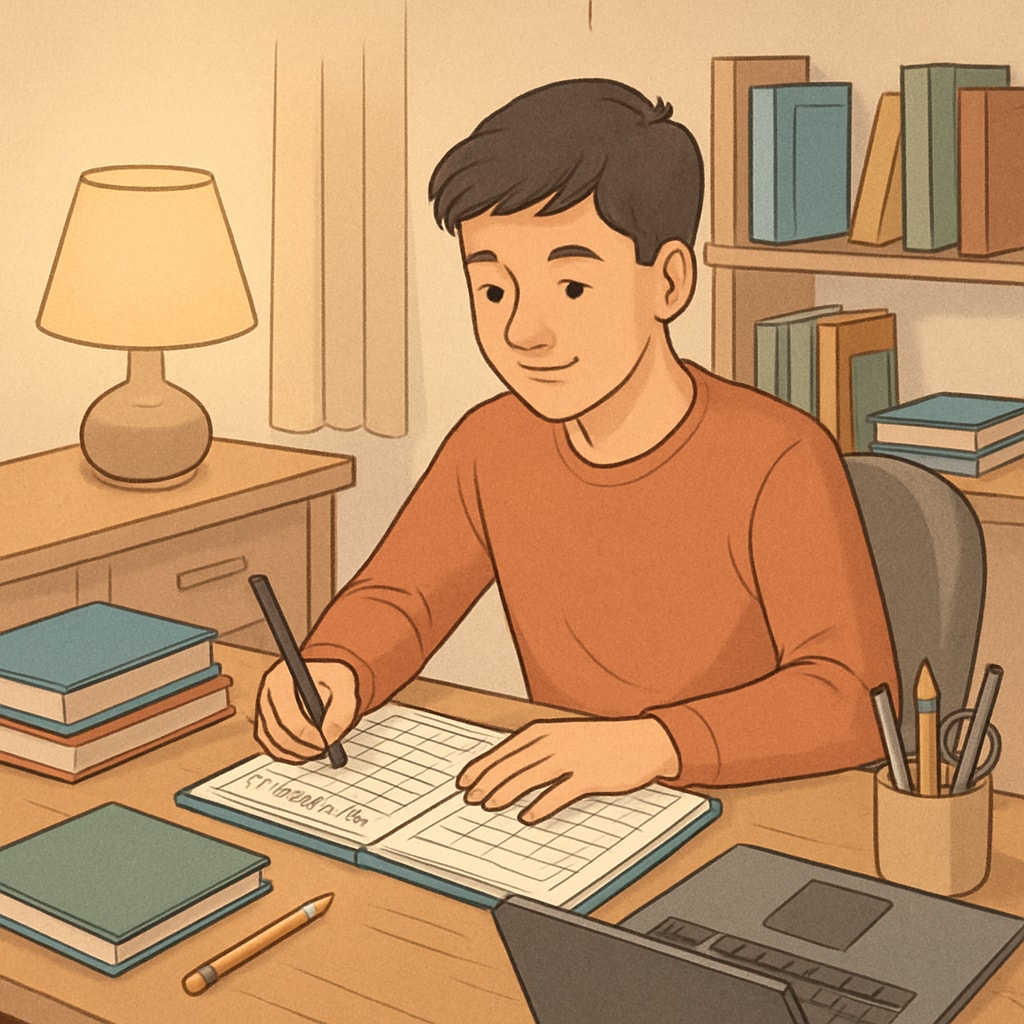 Teen learning planning habits with a laptop and notebook