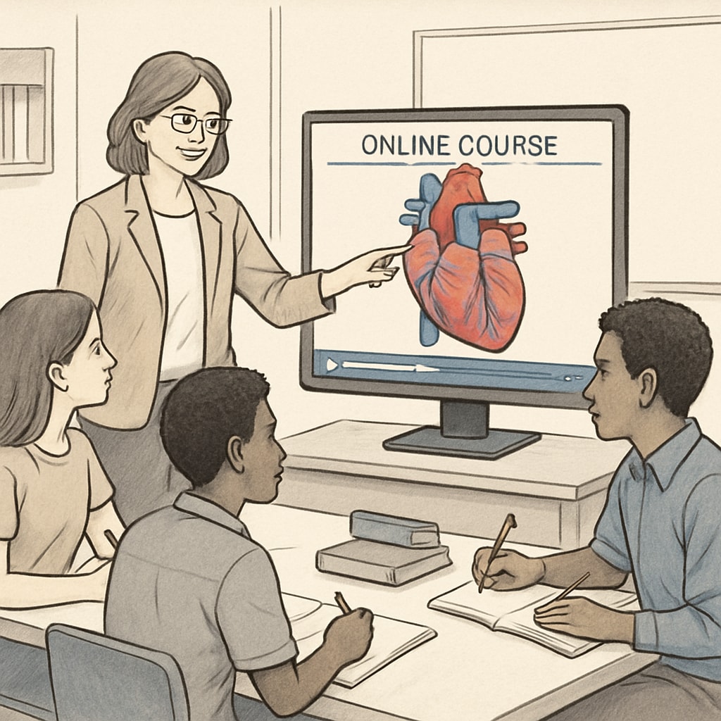 A teacher guiding a group of high school students through an online cardiology course, emphasizing their engagement and curiosity. Students learning cardiology in an interactive online setting with a teacher's guidance.
