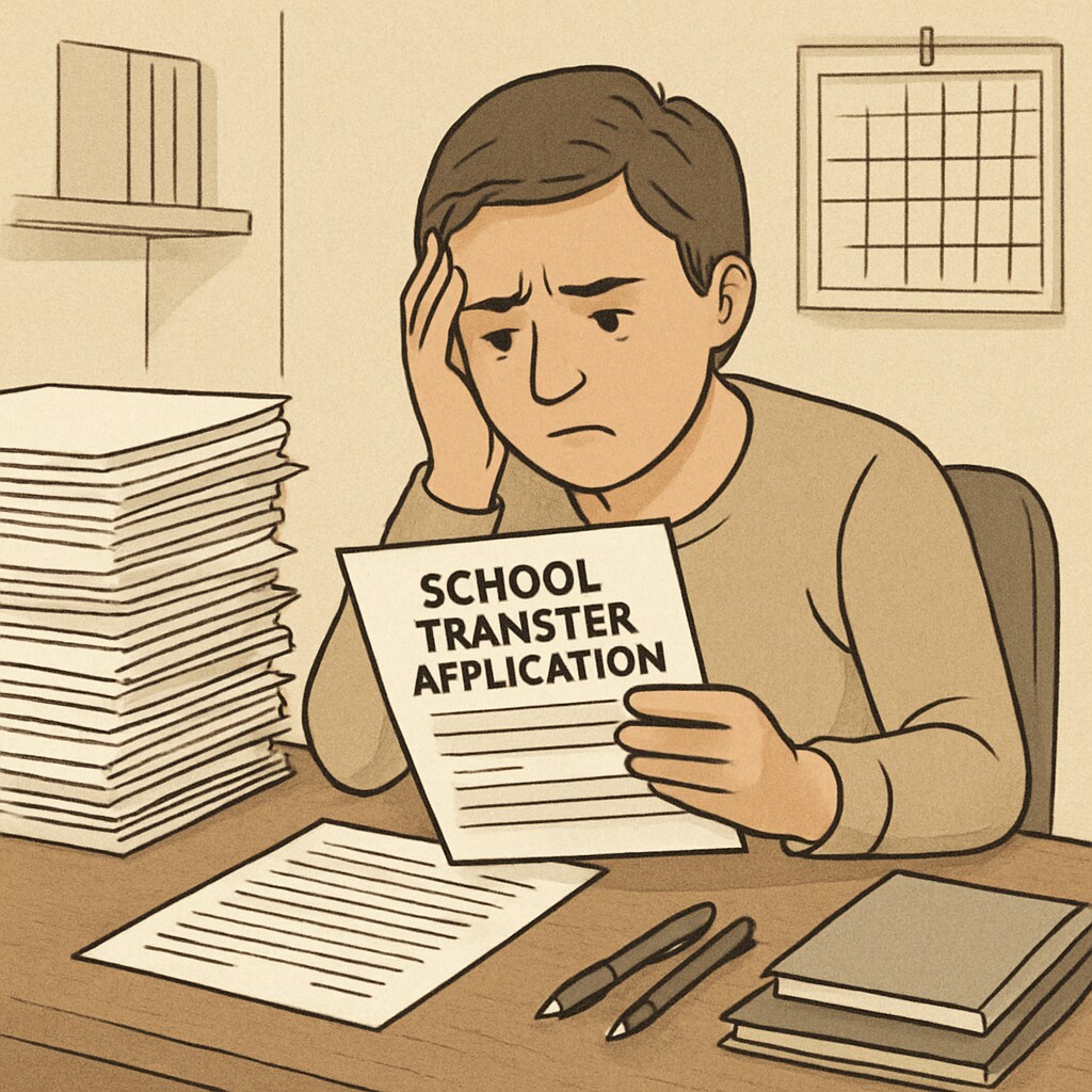Parent reviewing paperwork for a school transfer application.