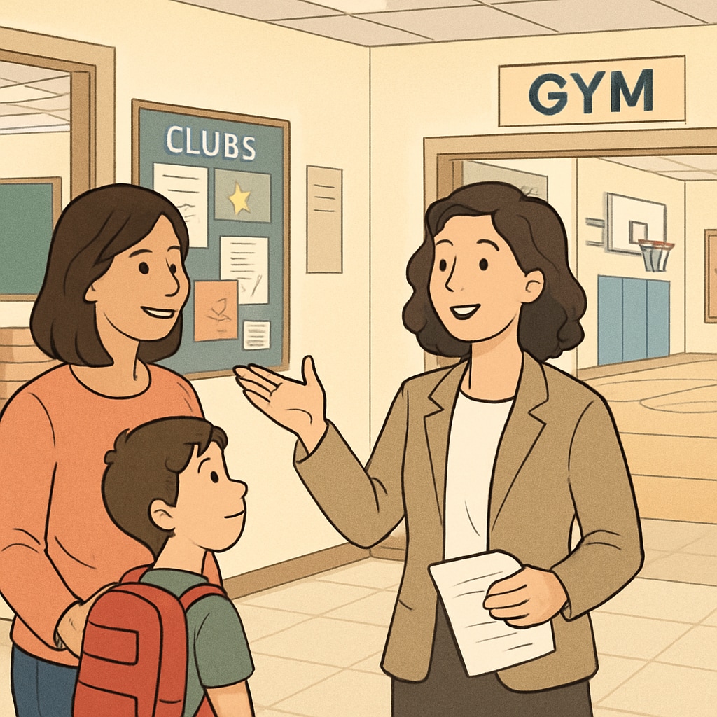 A parent and child touring a public school, guided by a teacher showcasing the school's facilities and programs. Parent and child touring a public school with teacher
