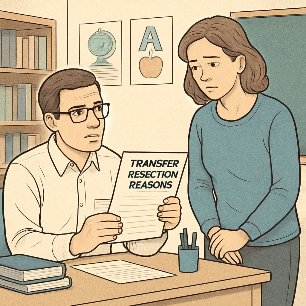 Teacher explaining school transfer rejection to concerned parent.