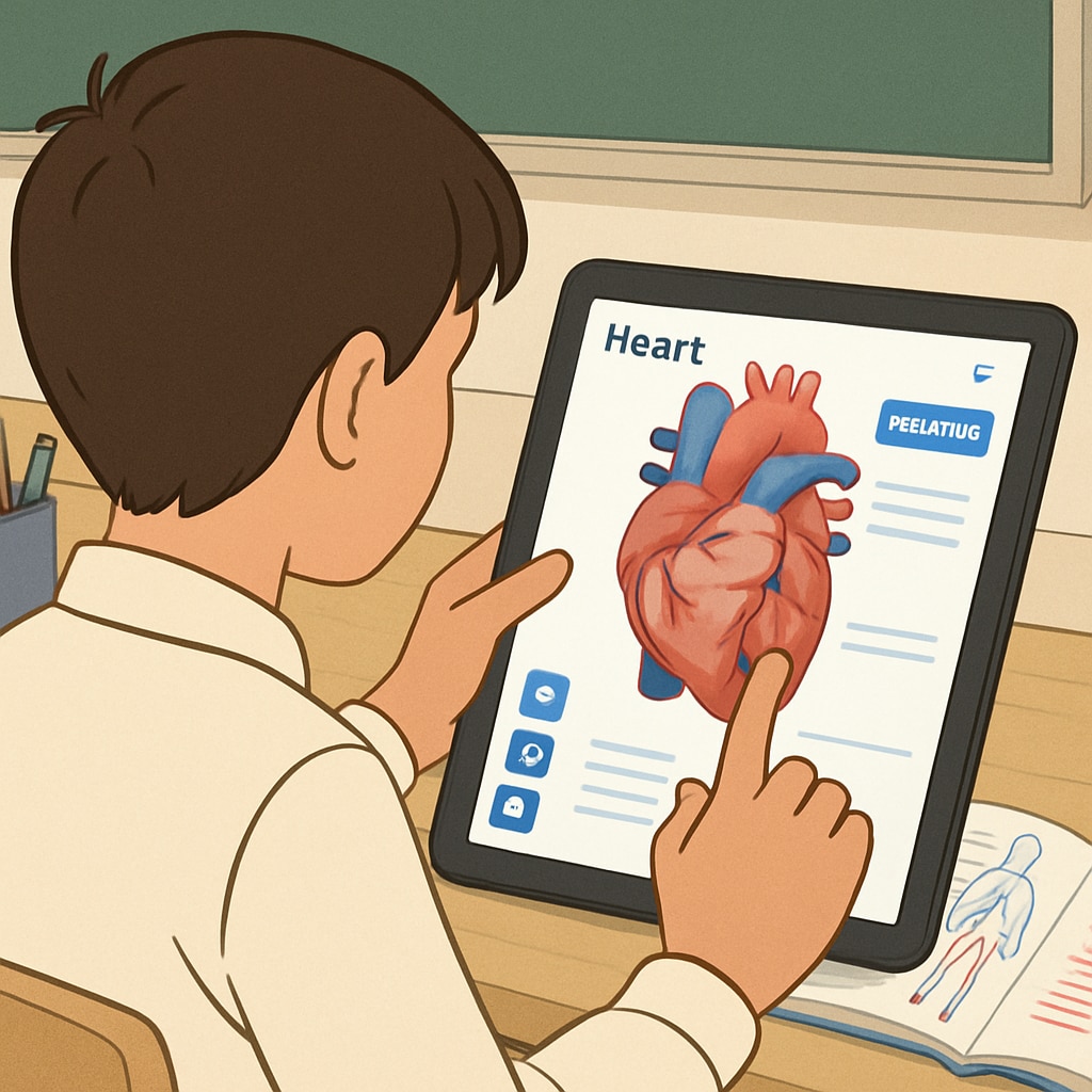 A student using a 3D anatomy app on a tablet to explore the human heart, showcasing an interactive learning experience. High school student exploring the human heart using a 3D anatomy app.