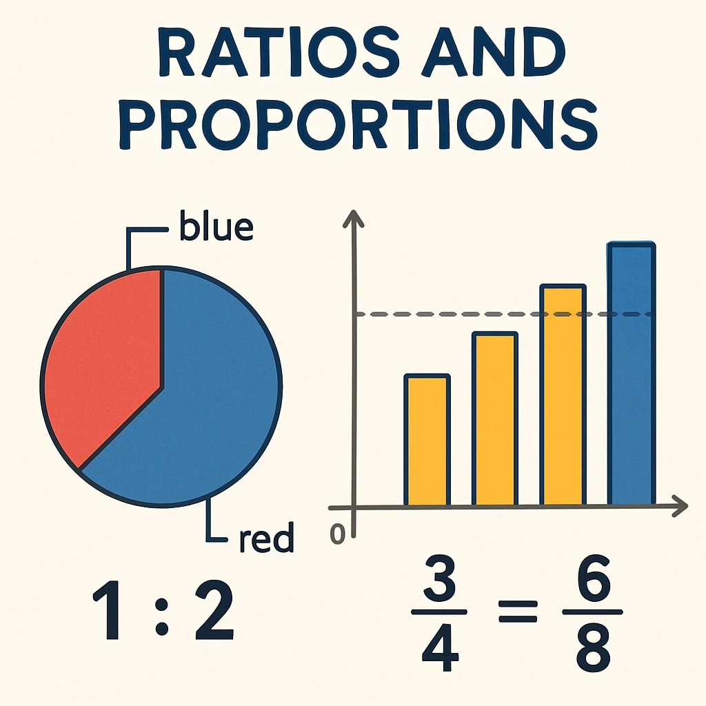 A simple visual representation of ratios and proportions, such as a pie chart or bar graph, highlighting math concepts. Ratios and proportions visual explaining math concepts for beginners.