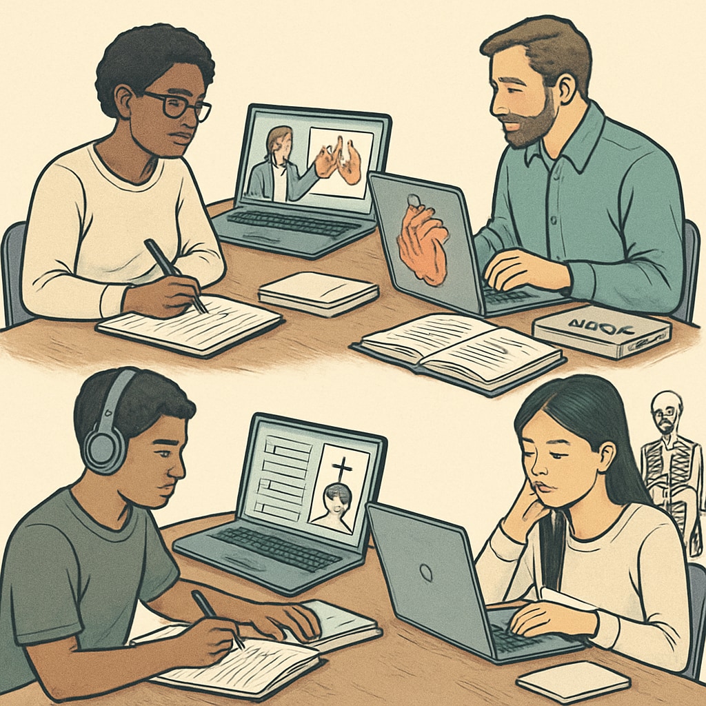 A diverse group of individuals studying online, illustrating non-medical learners exploring medical education. Non-medical learners exploring medical education through online resources.