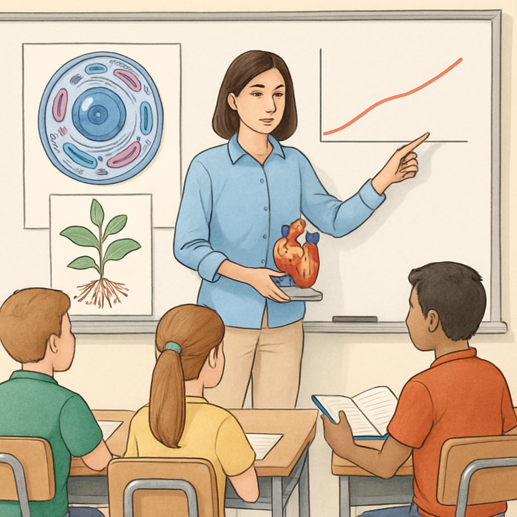 Biology graduate teaching science concepts in an interactive classroom.