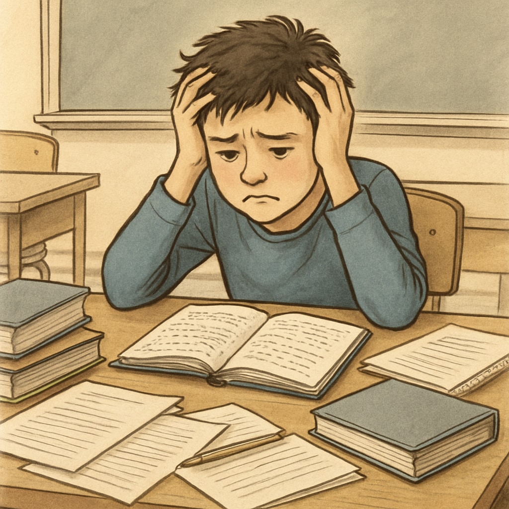 A frustrated middle school student sitting at a desk with books and homework scattered around, illustrating academic struggle. Middle school student facing academic struggle with scattered homework.