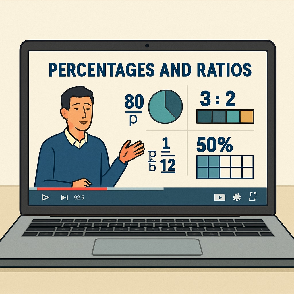 A laptop screen showing a YouTube tutorial on percentages and ratios, symbolizing online learning. YouTube math tutorial on percentages, ratios, and proportions for campus tests.