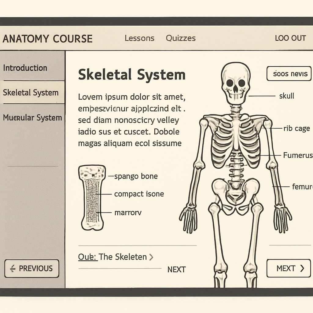 A screenshot of an online anatomy course platform, showing accessible learning tools for non-medical learners. Online anatomy course platform for non-medical learners.