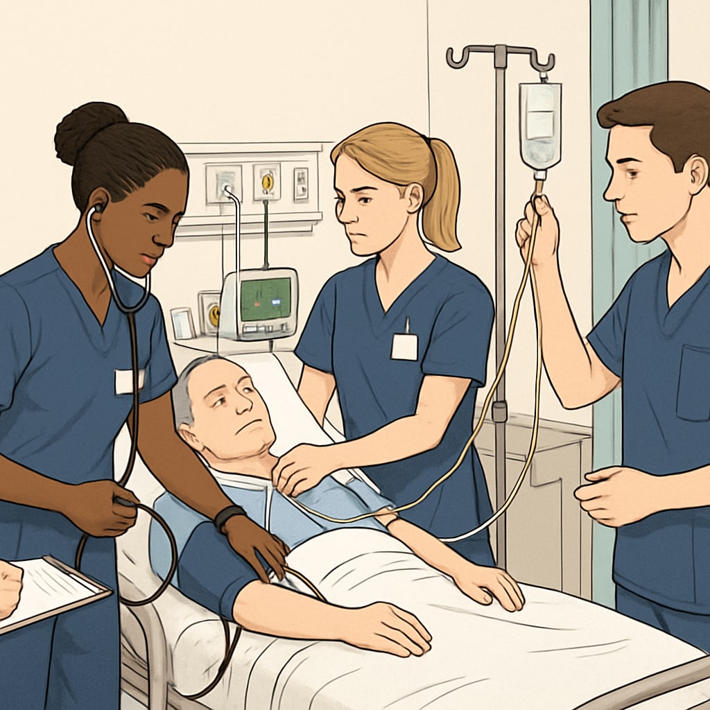 A group of nursing students participating in clinical training at a hospital. Nursing students in clinical training, representing the balance of academic and practical experience.