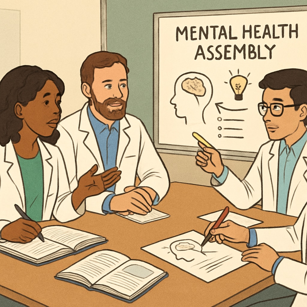 A group of medical students brainstorming ideas for a mental health assembly. Medical students planning a high school mental health assembly.