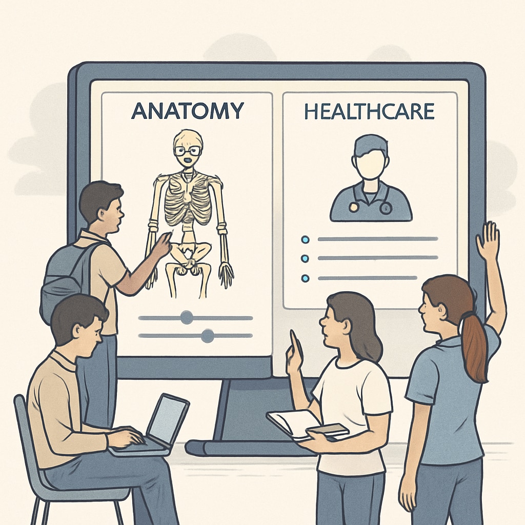Students learning anatomy and healthcare basics on a virtual platform