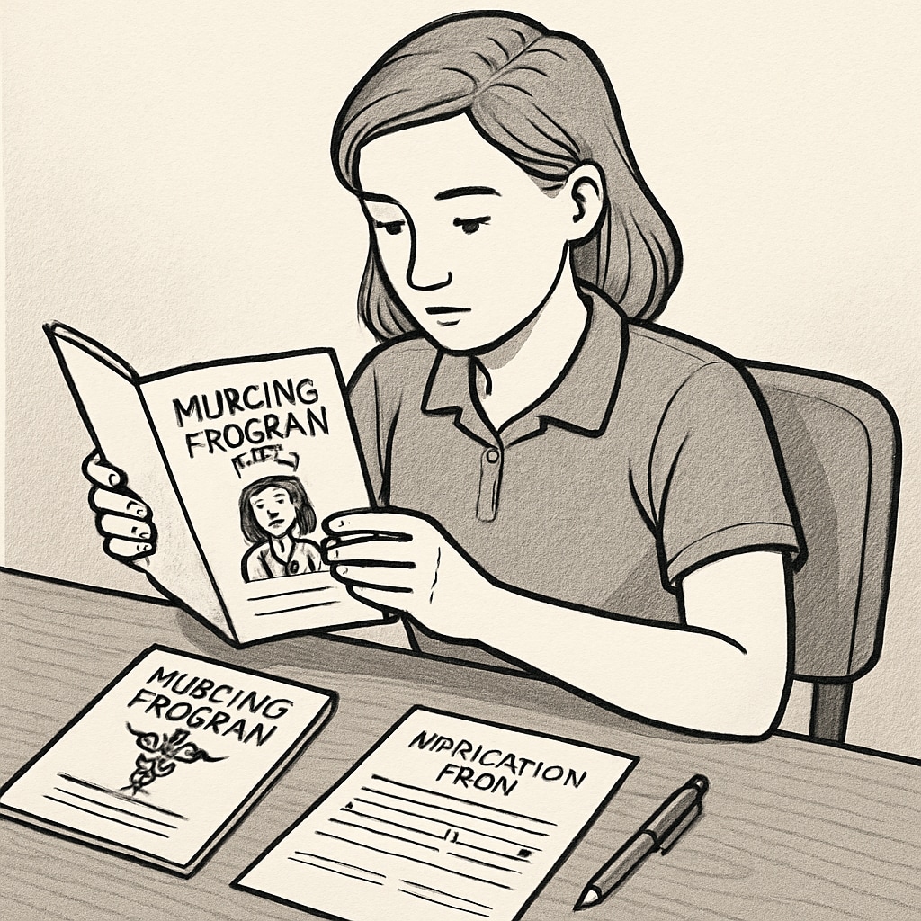 A student sitting at a desk, reviewing nursing program brochures and application forms. Transfer student reviewing nursing program materials, illustrating the preparation process.