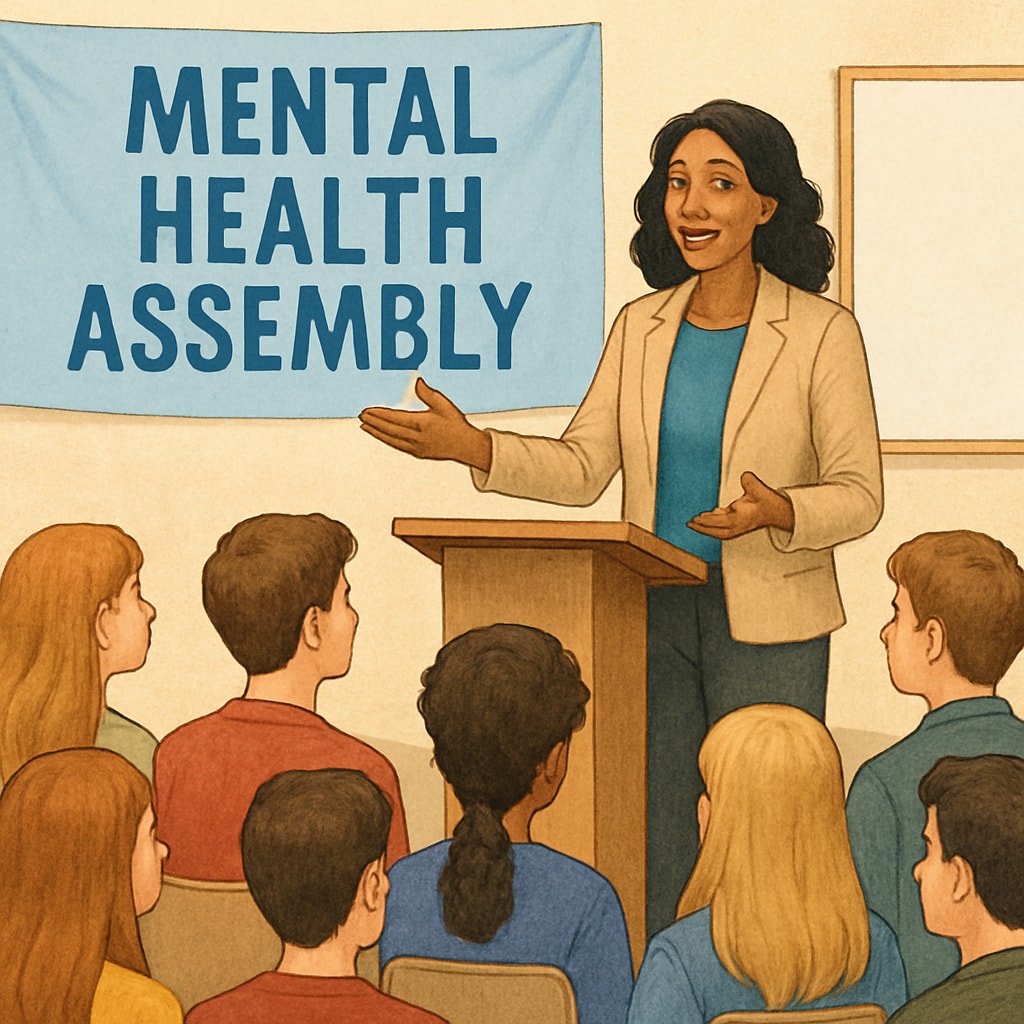 A speaker addressing a group of high school students during a mental health assembly. Speaker presenting at a high school mental health assembly.