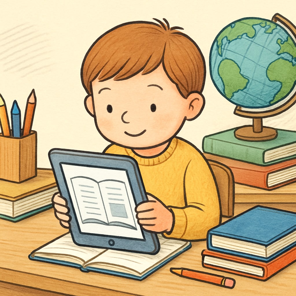 A child reading a digital book on a tablet, symbolizing the use of online reading tools. Child using a reading comprehension tool on a tablet