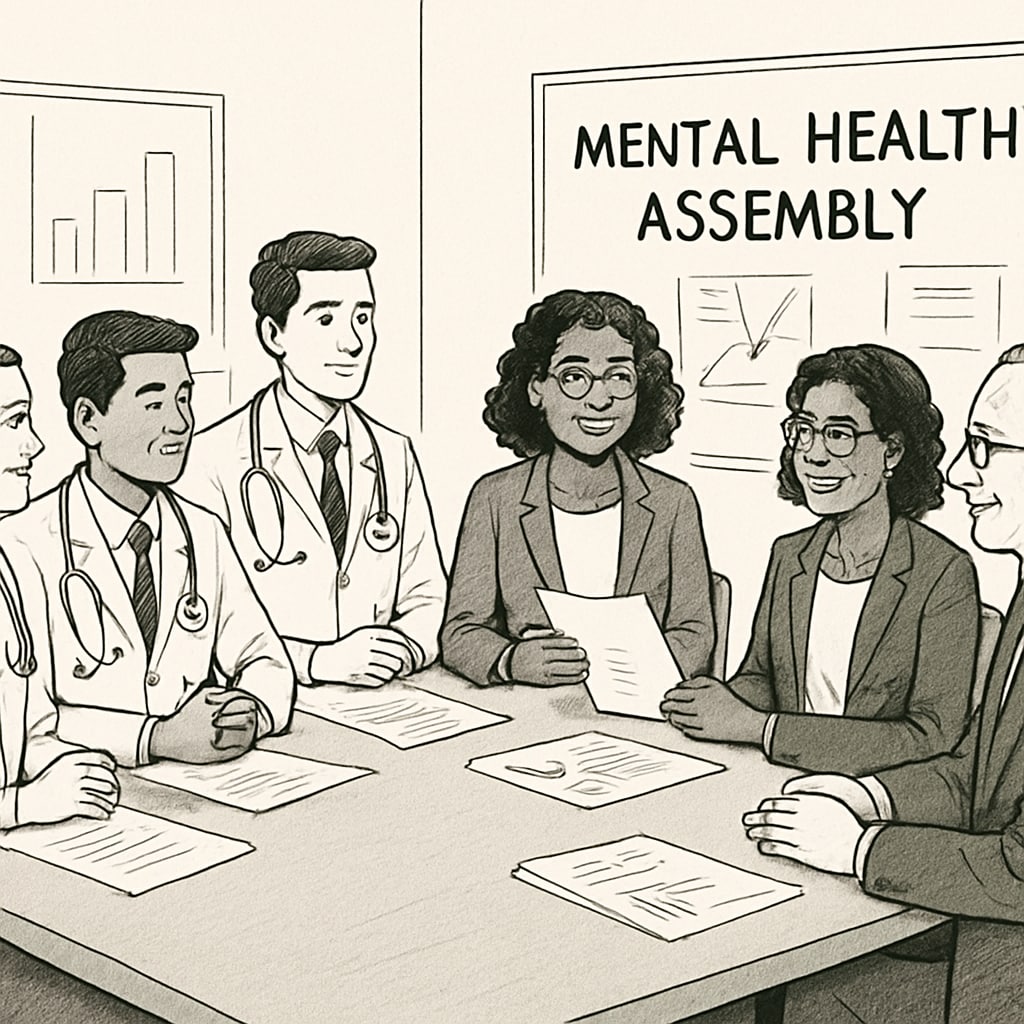 A group of medical students interacting with high school administrators to discuss mental health assembly plans. Medical students collaborating with high school staff to organize mental health assemblies.