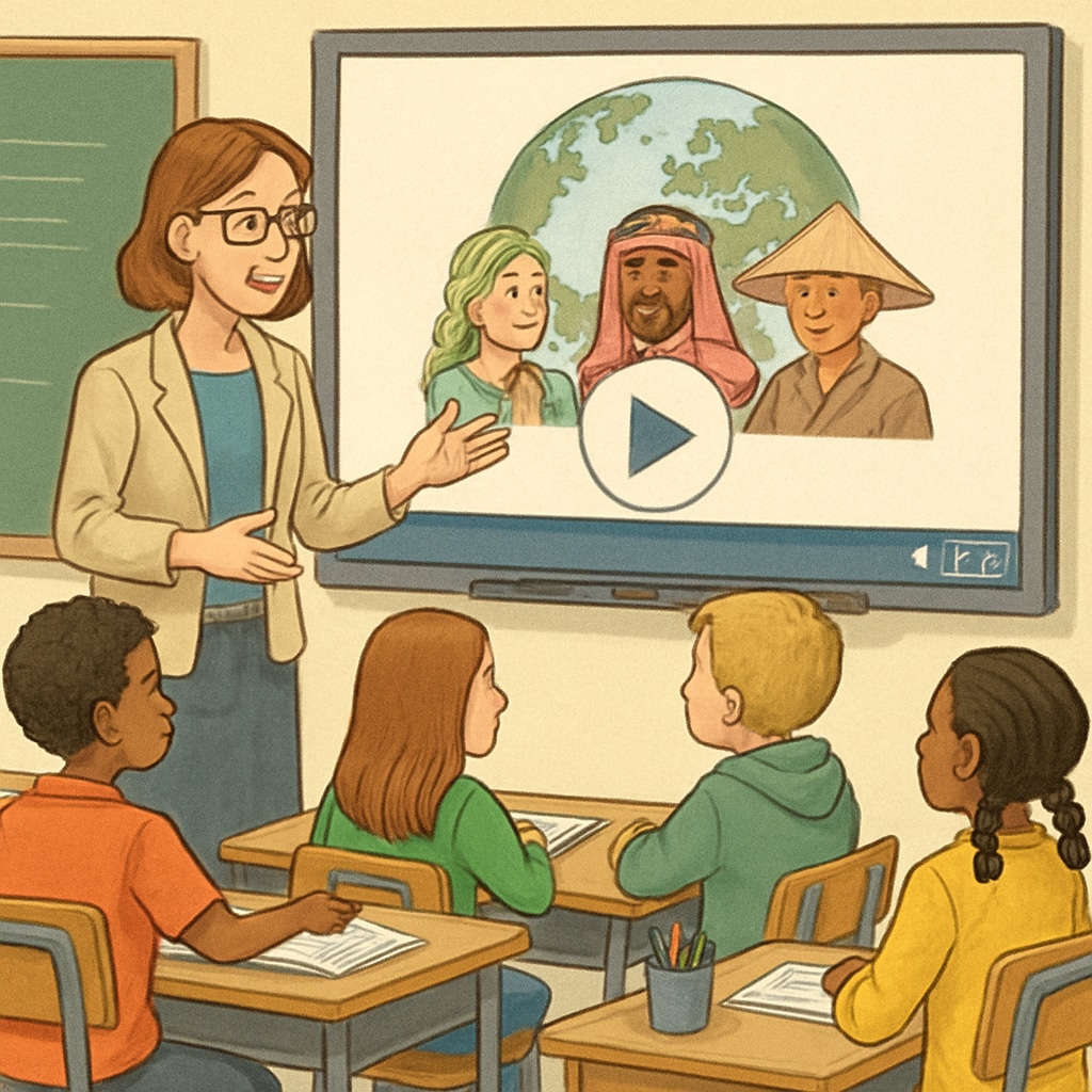 Teacher showing students a short video on world cultures to foster critical thinking.