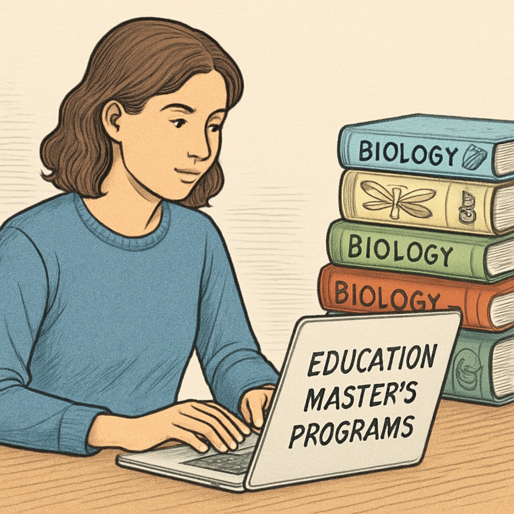 Student researching education master's and biology transition pathways.