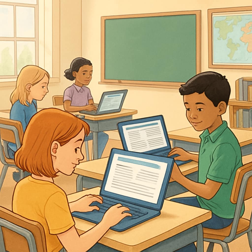 Students in a classroom setting using laptops for reading comprehension activities. Students engaging with online reading comprehension activities