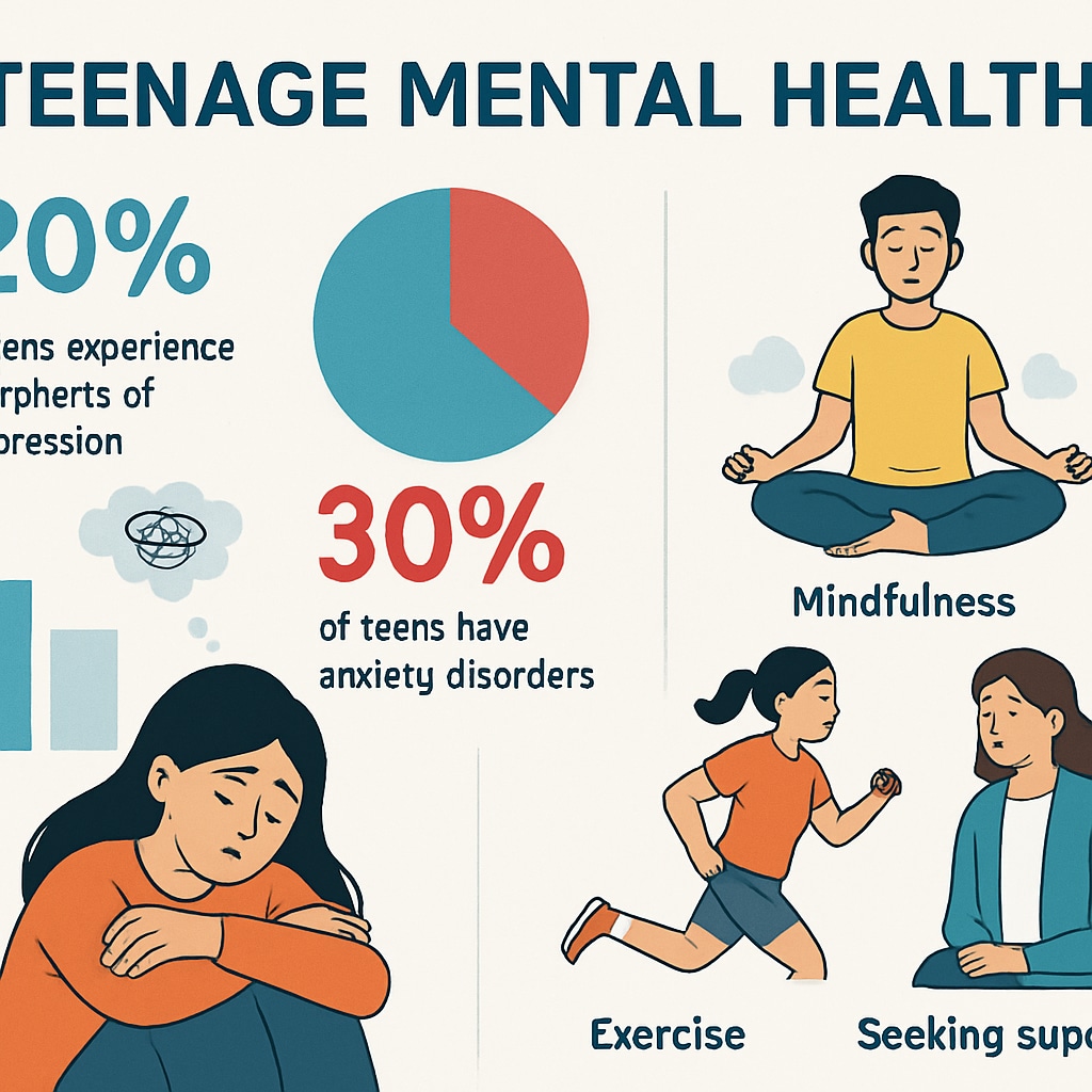 A presentation slide with statistics about teenage mental health challenges, accompanied by coping strategies. Slide showing teenage mental health statistics and practical coping strategies.