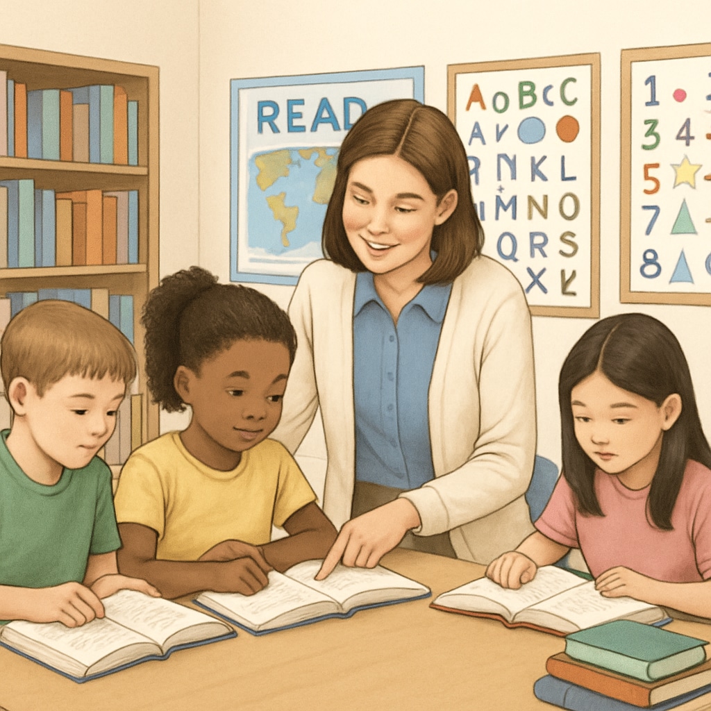A teacher assisting students with reading in a classroom, surrounded by books and other learning materials. Teacher guiding students in reading comprehension activities, showcasing text complexity in a practical setting.