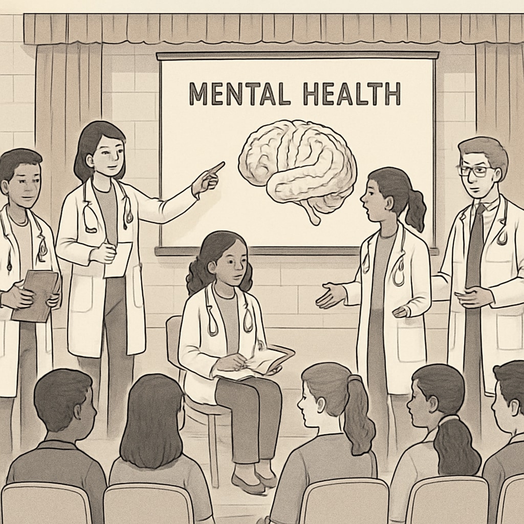 A group of medical students conducting a mental health workshop in a high school auditorium. Medical students leading a high school mental health assembly.