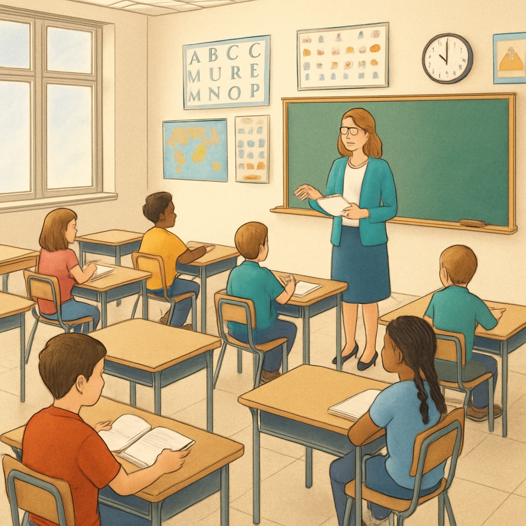 A classroom in a public school illustrating reduced student attendance due to voucher programs. Public school classroom affected by student loss due to vouchers.
