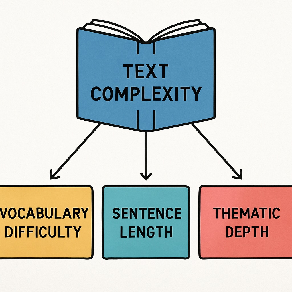 A diagram illustrating the components of text complexity, such as vocabulary difficulty, sentence length, and thematic depth. Visual chart explaining text complexity factors, relevant to reading comprehension studies.