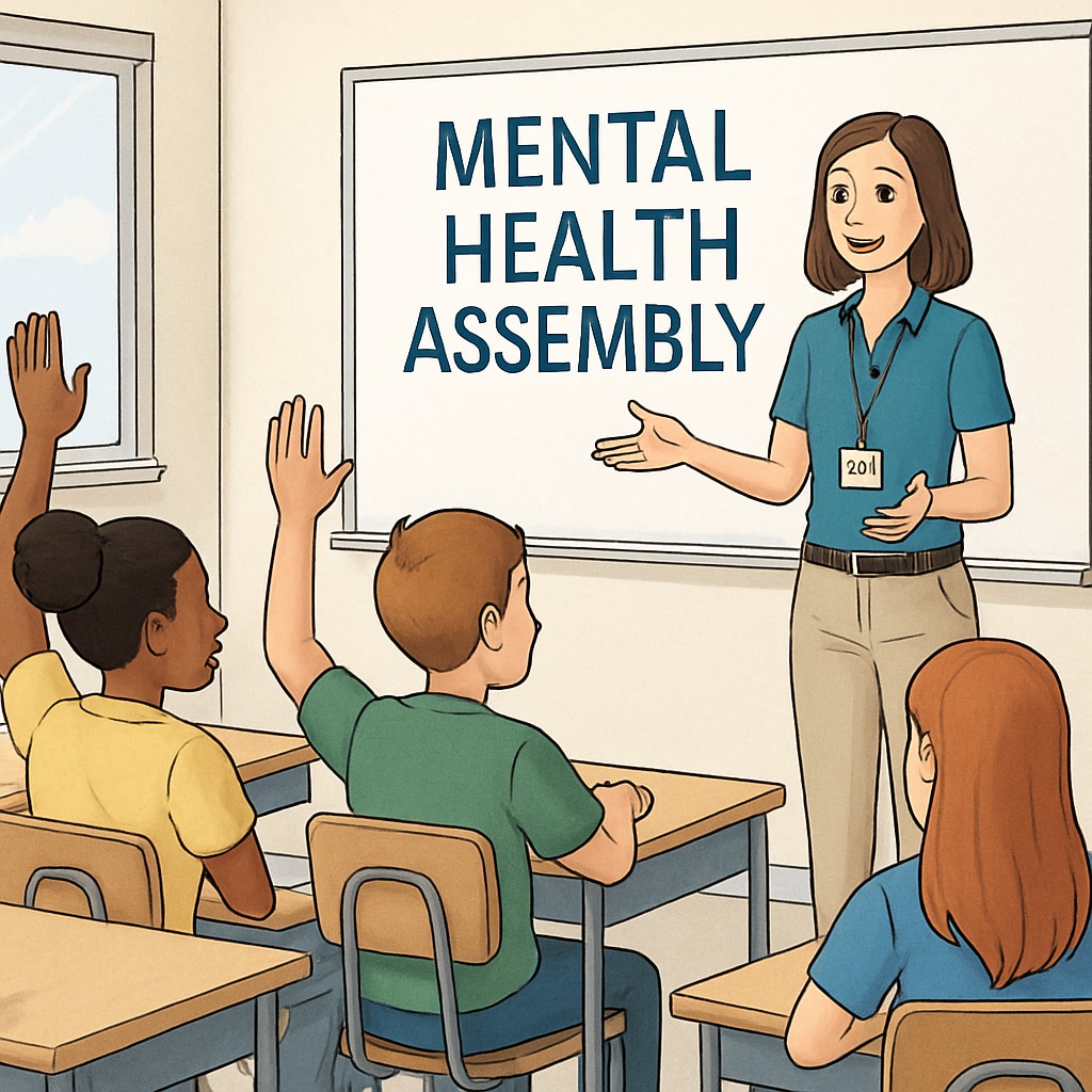 Students raising hands and interacting with a speaker during a mental health assembly. High school students engaging in a mental health discussion.