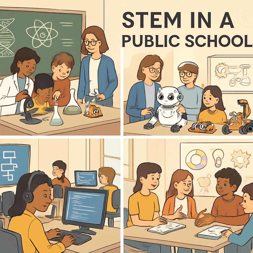 A public school implementing STEM programs to compete with private schools. STEM programs in public schools helping retain students.