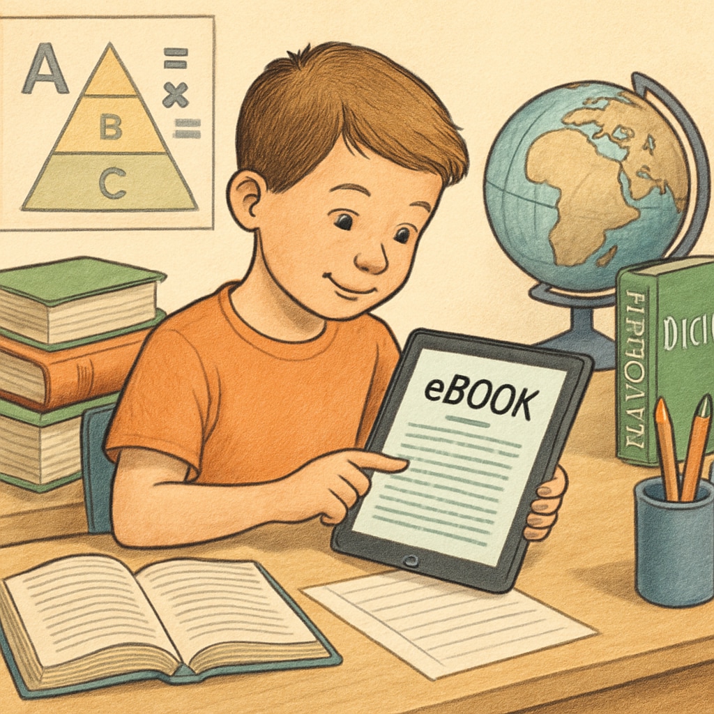 A child using a tablet to read an eBook, representing the integration of technology in reading programs. Child reading an eBook on a tablet, showcasing the use of technology in reading comprehension.