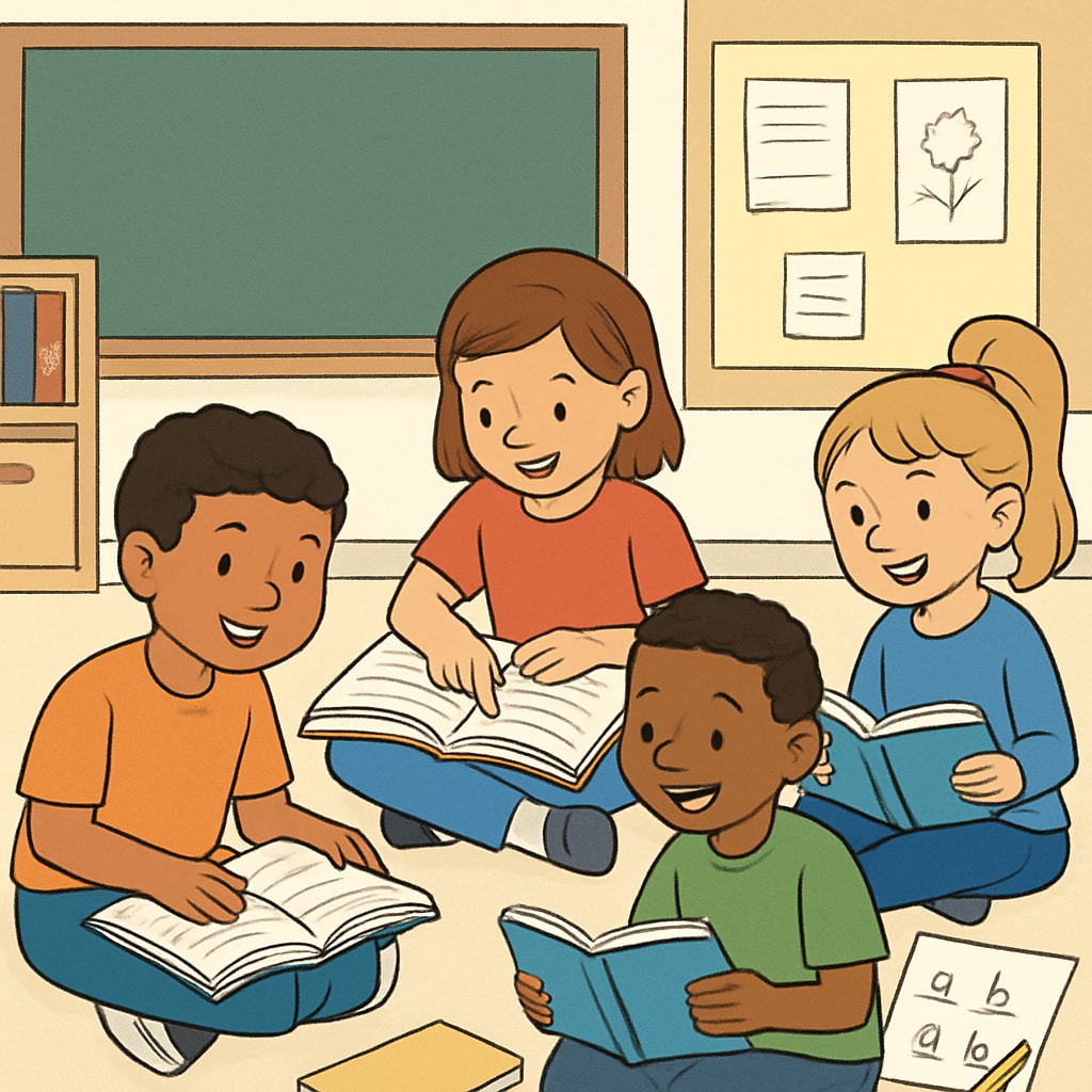 A classroom with elementary students reading books together, emphasizing collaboration and engagement in literacy activities. Elementary students reading books in a group, fostering teamwork and literacy.